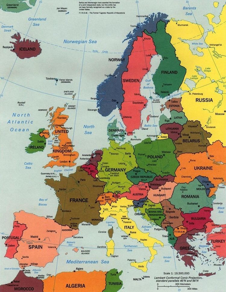 Map showing the countries, capital cities, and other major cities in Europe