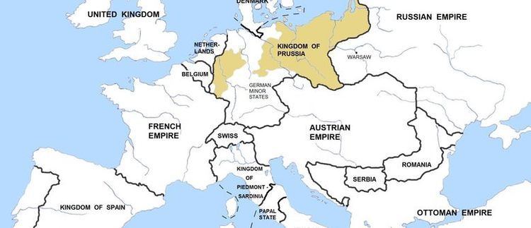 Some parts of the Kingdom of Prussia are shaded with the color beige on the map of Europe