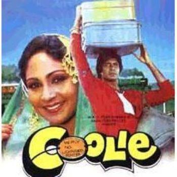A movie poster of the 1983 film "Coolie" featuring Amitabh Bachchan  as Iqbal Khan and Rati Agnihotri as Julie D'Costa