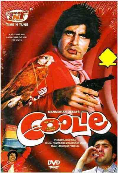 A DVD cover of the 1983 film "Coolie" featuring Amitabh Bachchan holding a gun and Rishi Kapoor smoking
