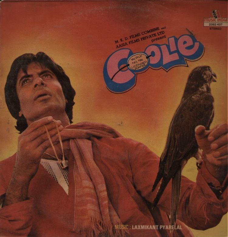 A movie poster of the 1983 film "Coolie" featuring Amitabh Bachchan  as Iqbal Khan