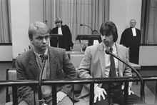 Trial for the kidnapping of Alfred Heineken; in the dock, the kidnappers Cor van Hout (left) and Willem Holleeder (right)