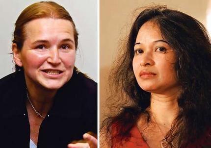 On the left, Cornelia Rau with blonde hair and wearing a black blazer. On the right, a woman with a serious face and messy hair.