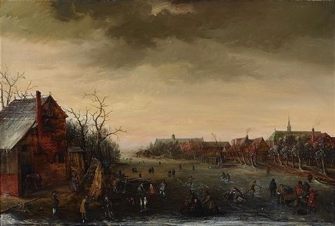 Cornelis Liefrinck Skaters on Dutch canal landscape by Cornelis Liefrinck II on artnet