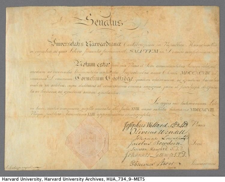 Cornelius Coolidge Diploma of Cornelius Coolidge AB 1798 Colonial North American