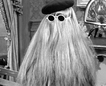 Cousin Itt with floor-length blonde hair while wearing black and white sunglasses and a hat