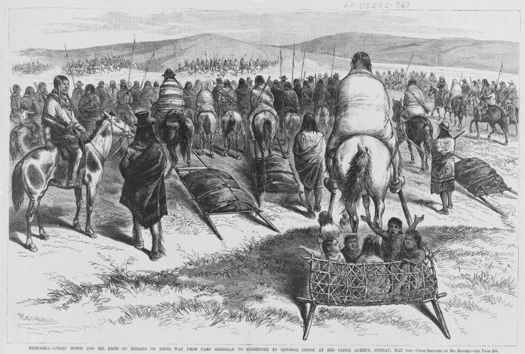 Crazy Horse and his band of Oglala on their way from Camp Sheridan to surrender to General Crook at Red Cloud Agency; Sunday, May 6, 1877. Berghavy, from sketches by Mr. Hottes.