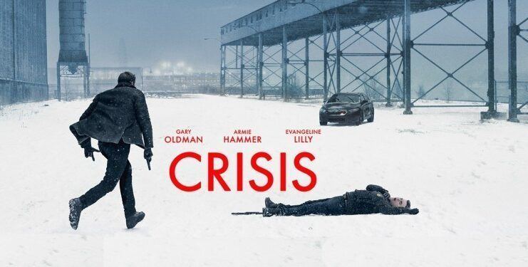 A man with a gun is running to the man who is lying on the floor at the bottom part of the movie poster of the 2021 crime thriller film, Crisis