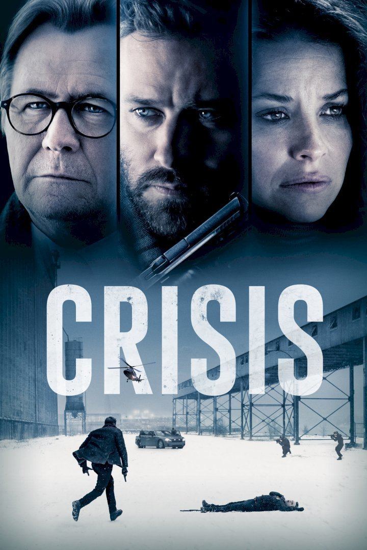 At the top, Gary Oldman, Armie Hammer, and Evangeline Lilly while at the bottom, a man with a gun is running to the man who is lying on the ground in the movie poster of the 2021 film, Crisis