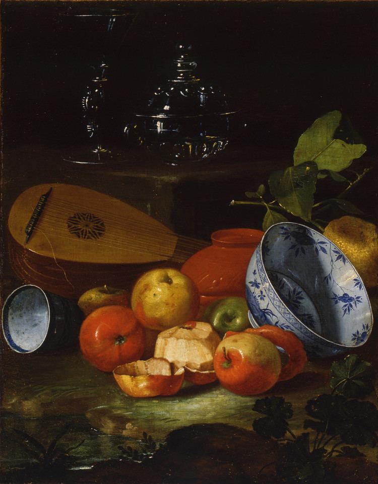 Cristoforo Munari Mandola calice e ciotola di vetro porcellane mele