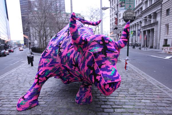 Crocheted Olek NYC street art Olek covers Wall Street Bull in crochet
