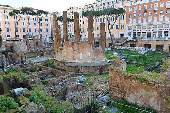 Largo di Torre Argentina, a square in Rome, Italy, with four Roman Republican temples and the remains of Pompey's Theatre.