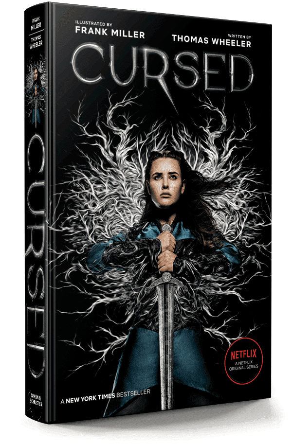 The book Cursed written by Thomas Wheeler and illustrated by Frank Miller featuring Katherine Langford with a serious face while holding a sword and wearing a shade of blue outfit.