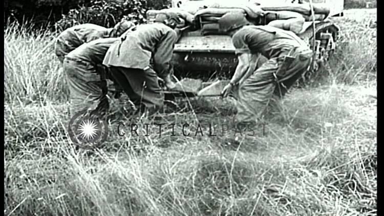 Curtis G. Culin United States military tank M5A1 driven into heavy hedgerow with a