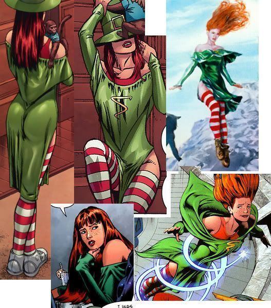 A collage photo of Cyclone (DC Comics) seriously looking has a red wavy long hair with bangs wearing a white and red stripes thigh socks and a red sleeveless under a green off shoulder long sleeve dress with a slit on each side. In the left image, Cyclone was facing backward while carrying a brown monkey wearing a blue shirt and cyclone has a green hat and wears the same clothes, in the middle image Cyclone was sitting and a monkey is climbing on her hat, and on the upper right image, cyclone is floating in the air wears brown shoes and the same clothes. In the lower-left image, cyclone is touching her chin while lying with an orange juice drink beside her, she wears the same clothes. And in the lower right, cyclone is floating and wears the same clothes