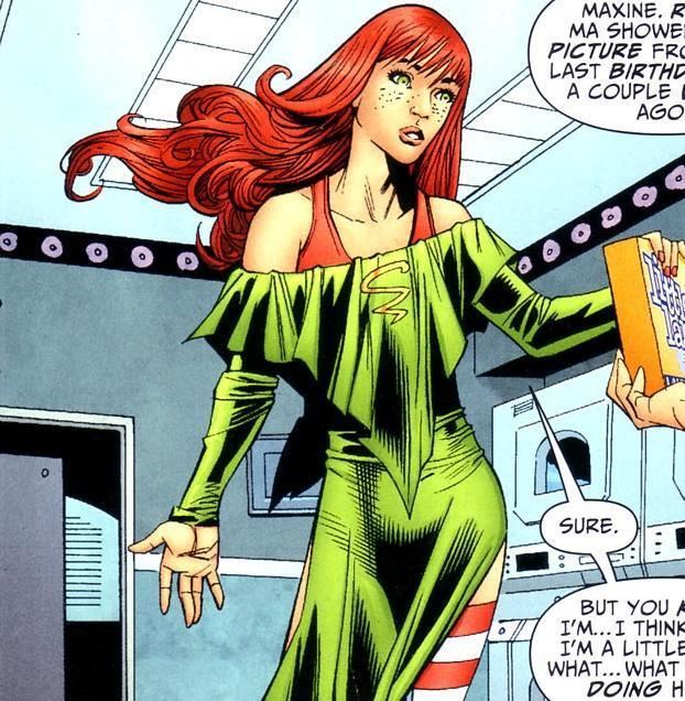 Cyclone (DC Comics) seriously looking and standing while handling a book to someone inside of an office. She has a red wavy long hair with bangs wearing a white and red stripes thigh socks and a red sleeveless under a green off shoulder long sleeve dress with a slit on each side