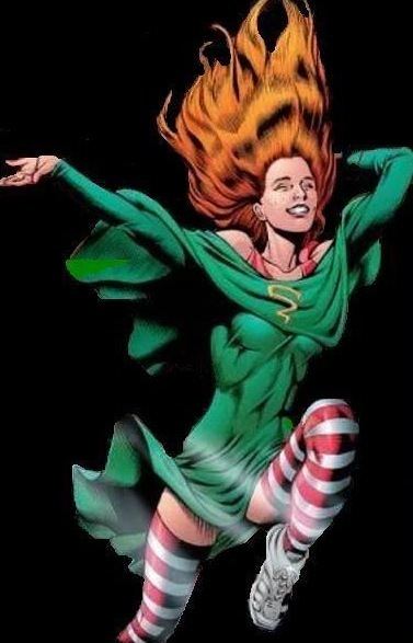 Cyclone is smiling and floating while spreading her arms and folding her left leg, she has a red long hair, wearing a brown long necklace, a brown shirt under a green long cardigan, and a brown pants wearing a white shoes, white and red stripes thigh socks and a red sleeveless under a green off shoulder long sleeve dress