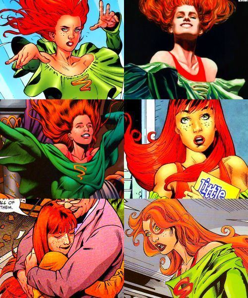 A collage photo of Cyclone (DC Comics). In the upper left image, Cyclone with a fierce look, floating showing her power through her hands, has red long hair wearing a green off-shoulder long sleeve. Upper right image, Cyclone is smiling with floating red long hair wearing a red sleeveless under a green off-shoulder long sleeve. In the middle left image, Cyclone was falling with her red long hair wearing a red sleeveless under a green off-shoulder long sleeve. In the middle right image, Cyclone was shocked while holding a yellow book, she has red long hair wearing a red sleeveless under a green off-shoulder. In the lower-left image, Cyclone and an old man, smiling and hugging each other, Cyclone has a red long hair wearing an orange long sleeve while the old man wears eyeglasses and a white polo under a pink coat. And in the lower right image, Cyclone was shocked, she has red long hair wearing a red sleeveless under a green off-shoulder.