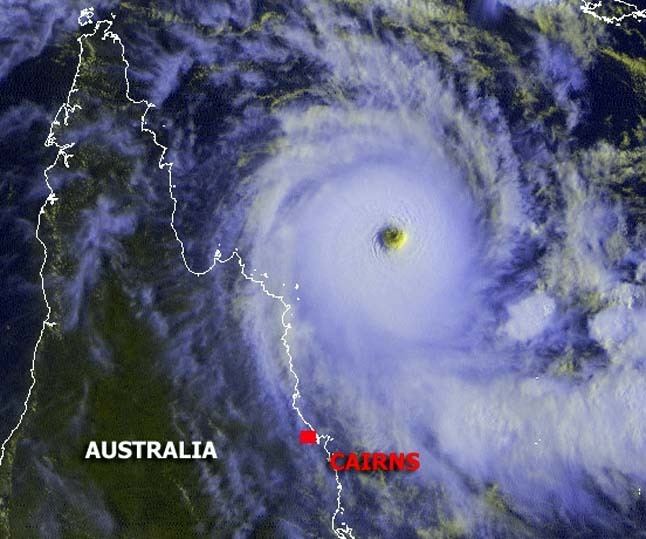 A satellite view of Cyclone Ingrid approaching the Cape York Peninsula, Australia on March 8, 2005.