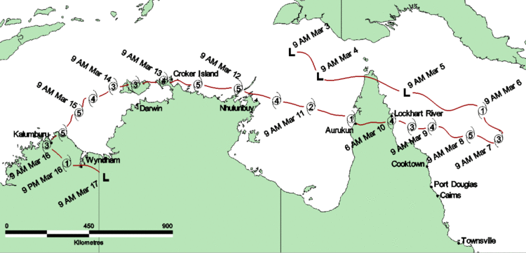 Map plotting the Cyclone Ingrid's track and intensity.