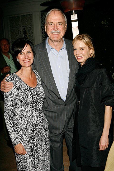 Sharon Harroun-Peirce, actress and comedian John Cleese, and Cynthia Cleese attend the BritWeek Champagne Launch (from left to right)