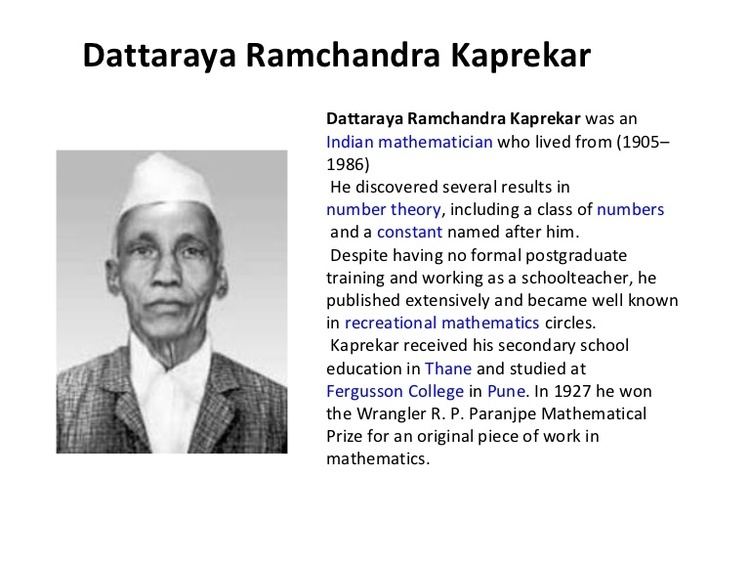 On the left, portrait of D. R. Kaprekar while on the right, an article about D. R. Kaprekar who discovered several results in number theory