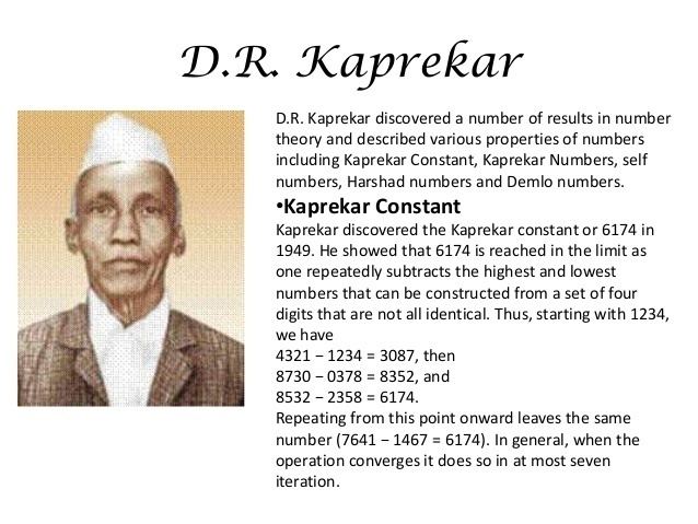 On the left, portrait of D. R. Kaprekar while on the right, an article about D. R. Kaprekar who discovered several results in number theory