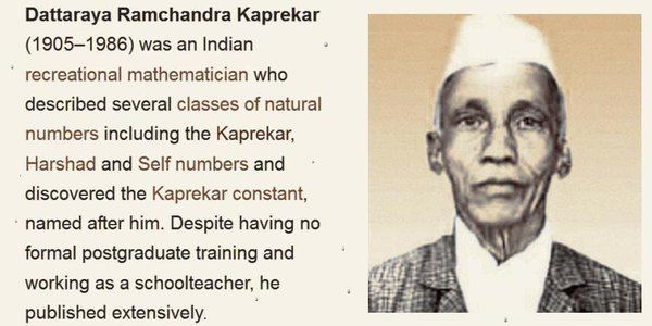 On the left, information about D. R. Kaprekar while on the right, D. R. Kaprekar wearing a cap, checkered coat, and white long sleeves