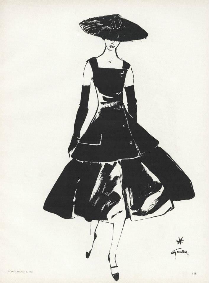 A fashion illustration by Dagmar Freuchen Gale for the Vogue magazine in March 1, 1955