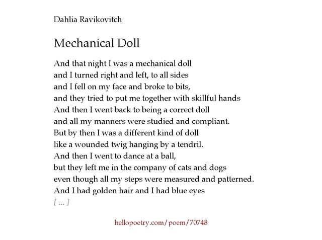 Dahlia Ravikovitch Mechanical Doll by Dahlia Ravikovitch Hello Poetry