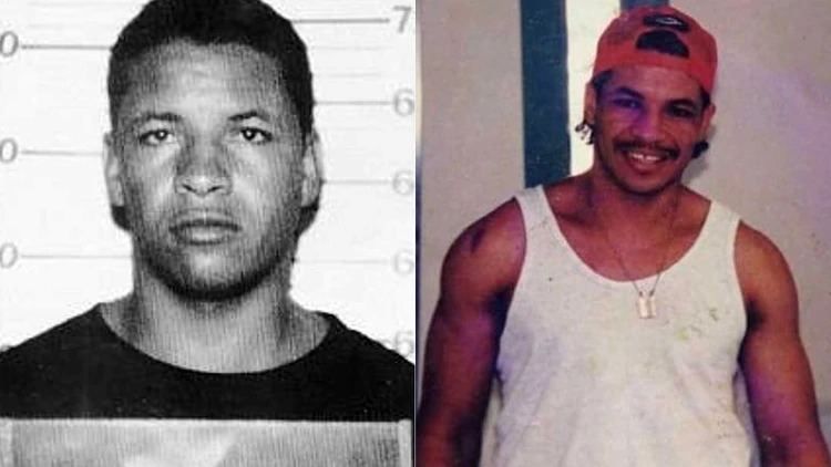 On the left is Dandeny Muñoz Mosquera' s mugshot while on the right is Dandeny Muñoz Mosquera smiling and wearing red cap and white sando