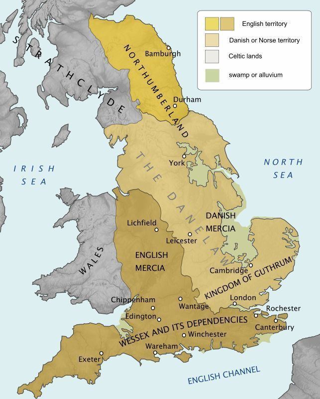 The territory of the Danelaw in England about 878. The yellow color denotes the English territory. The peach color denotes the Danish or Norse territory. The gray color denotes the Celtic lands. The green color denotes the swamp or alluvium.