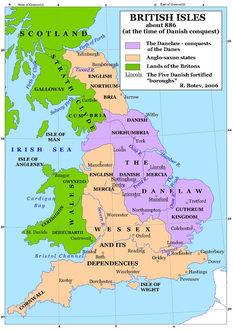 The British Isles in 886 AD. The purple color denotes the conquest of the Danes. The peach color denotes the Anglo-Saxon states. The green color denotes the Lands of the Britons
