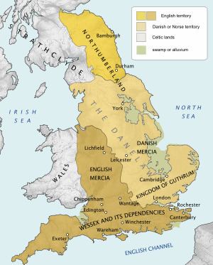 A map of England showing the location of Danelaw. The yellow color denotes the English territory. The peach color denotes the Danish or Norse territory. The gray color denotes the Celtic lands. The green color denotes the swamp or alluvium