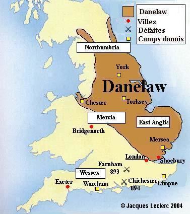 A map of England showing the location of Danelaw. The area with the brown shade denotes Danelaw. The area with red dots denotes Villes. The area with a scissors mark denotes Defaites. The area with yellow squares denotes Camps Danois.