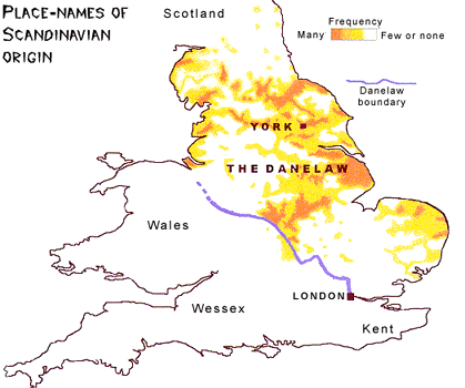 A map showing the location of Danelaw