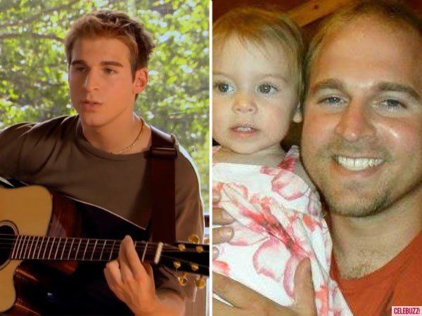 Daniel Letterle while playing his guitar wearing a brown long-sleeved shirt (left-then); Daniel Letterle wearing a red shirt smiles while holding a baby (right-now)