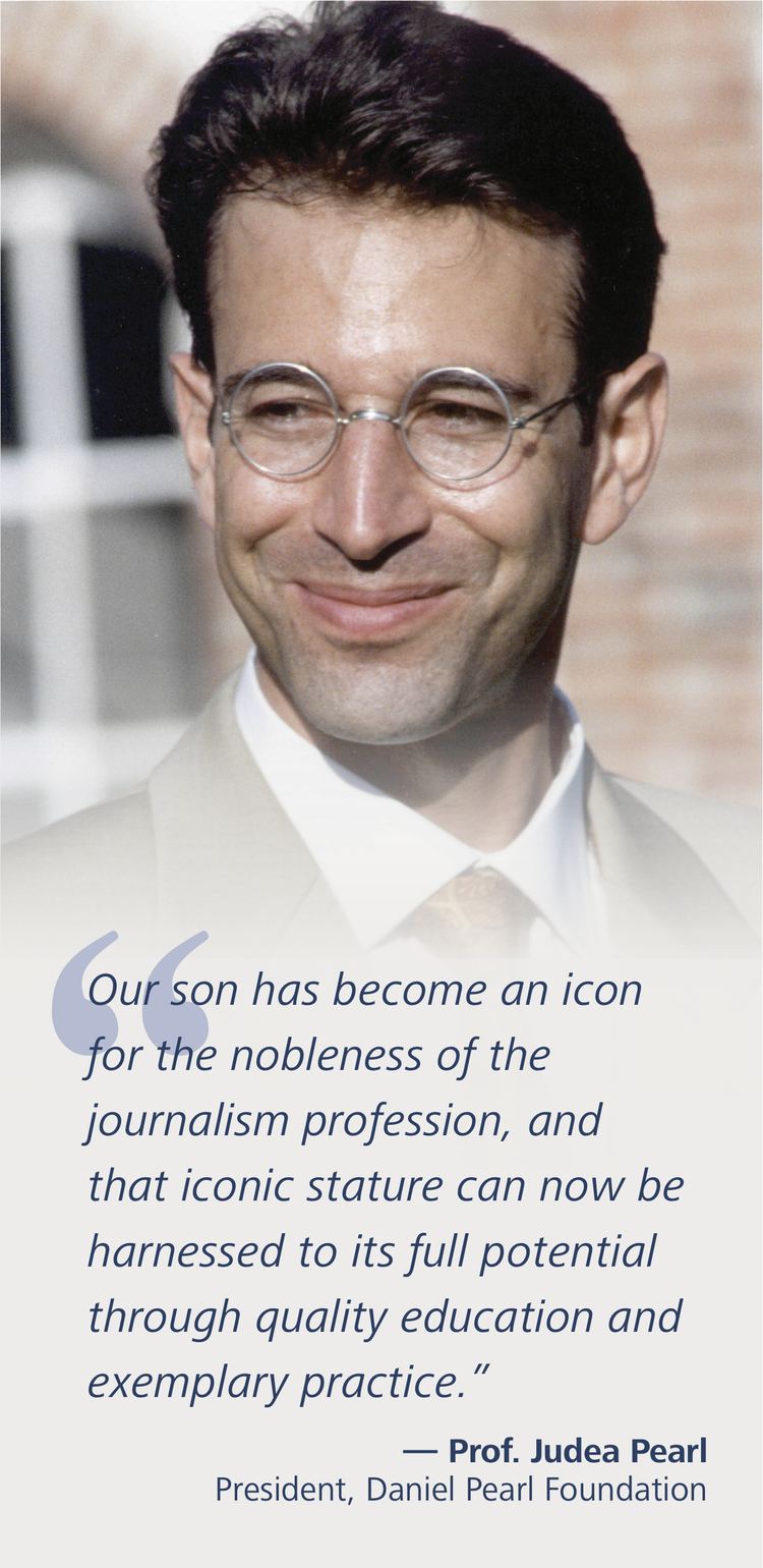 Daniel Pearl smiling and wearing eyeglasses, a coat, long sleeves, and a necktie while on the bottom part is a quotation from Prof. Judea Pearl