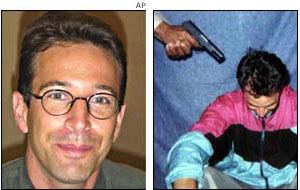 On the left, Daniel Pearl smiling while wearing eyeglasses and green long sleeves. On the right, someone is pointing the gun at Daniel Pearl