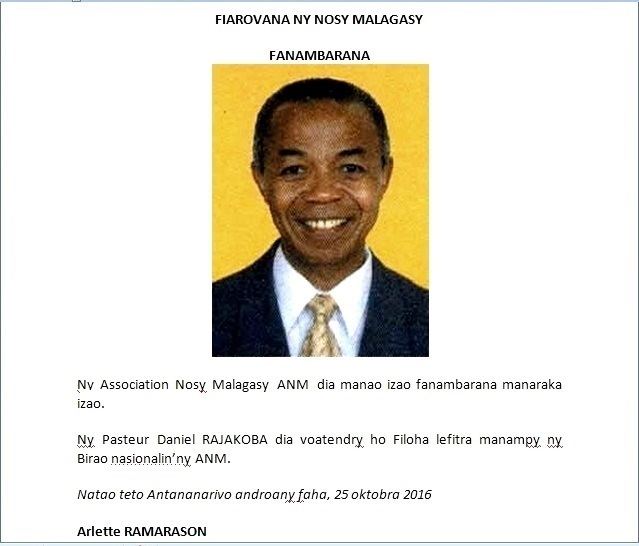 Daniel Rajakoba Nosy Malagasy ANM Pasteur Daniel Rajakoba lasa Filoha lefitry ny
