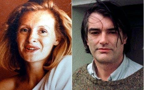On the left is Sophie Toscan du Plantier smiling while on the right is Ian Bailey wearing green sweatshirt and light blue long sleeves