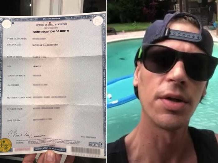 On the left, Danielle Cohn's birth certificate. On the right, Dustin Cohn beside a swimming pool, wearing sunglasses, a black cap, and a black shirt.