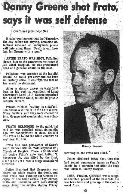 Newspaper featuring Danny Greene, telling that he shot Frato and it was a self-defense.