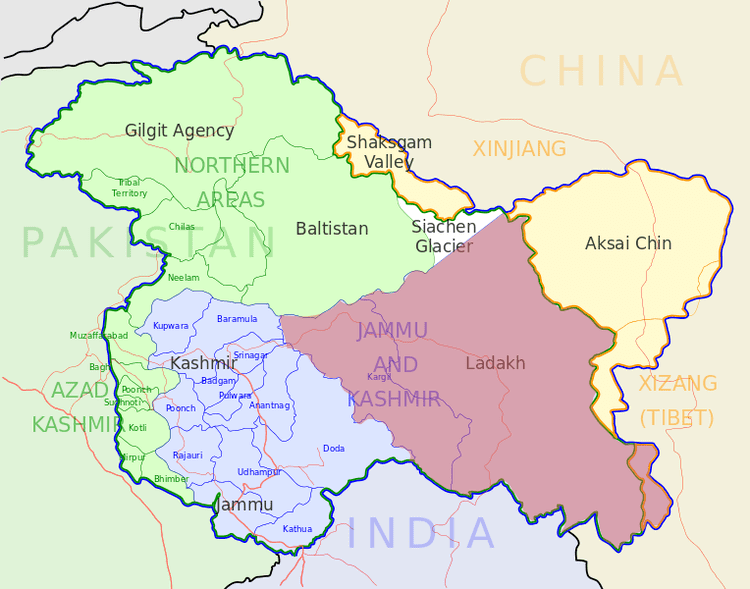 Map of Azad Kashmir, Gilgit-Baltistan, Jammu Kashmir, Ladakh, and Aksai Chin