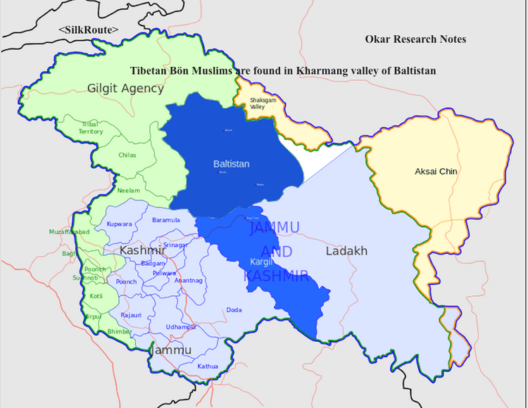 Map of Azad Kashmir, Gilgit-Baltistan, Jammu Kashmir, Ladakh, and Aksai Chin