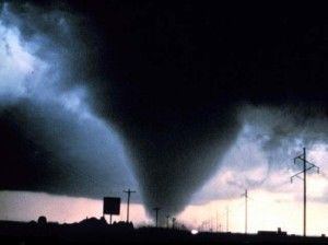 The Daulatpur–Saturia tornado in Bangladesh as it is forming in the middle of a road.