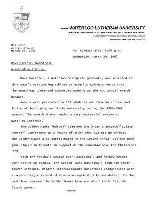 Dave Knechtel 0451967 Dave Knechtel named WLU outstanding athlete Laurier