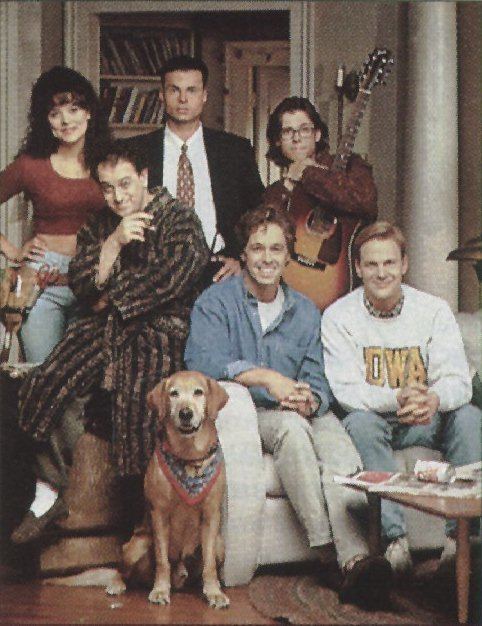 Casts of Pig Sty, a 1995  American sitcom. Back row: Liz Vassey as Tess Galaway, Matt Borlenghi as Johnny Barzano, and Timothy Fall as PJ Morris (from left to right). Middle row: David Arnott as Cal Evans, Brian McNamara as Randy Fitzgerald, and Sean O'Bryan as Joe "lowa" Dantley (from left to right), and the dog Luke as "Jimmy".