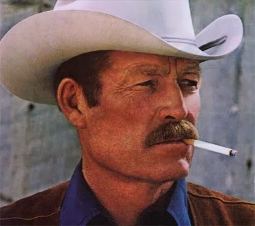 David McLean is serious, looking to his left, with a cigarette in his mouth, has brown hair and mustache, wearing a white cowboy hat and a blue polo under a brown jacket.