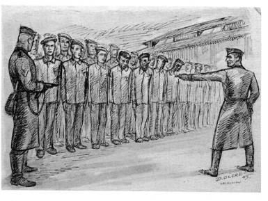 This drawing shows a selection of prisoners from Birkenau